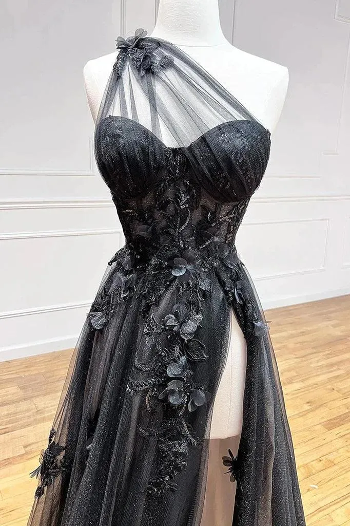 A-Line One Shoulder Black Long Prom Dress With 3D Appliques PSK444