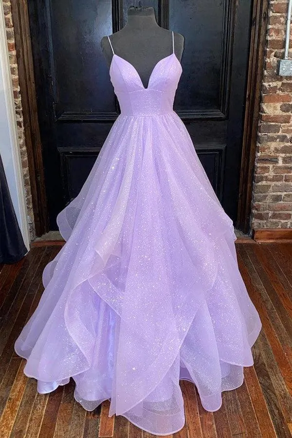 A-line V Neck Princess Lavender Tiered Tulle Prom Formal Dress TP1071