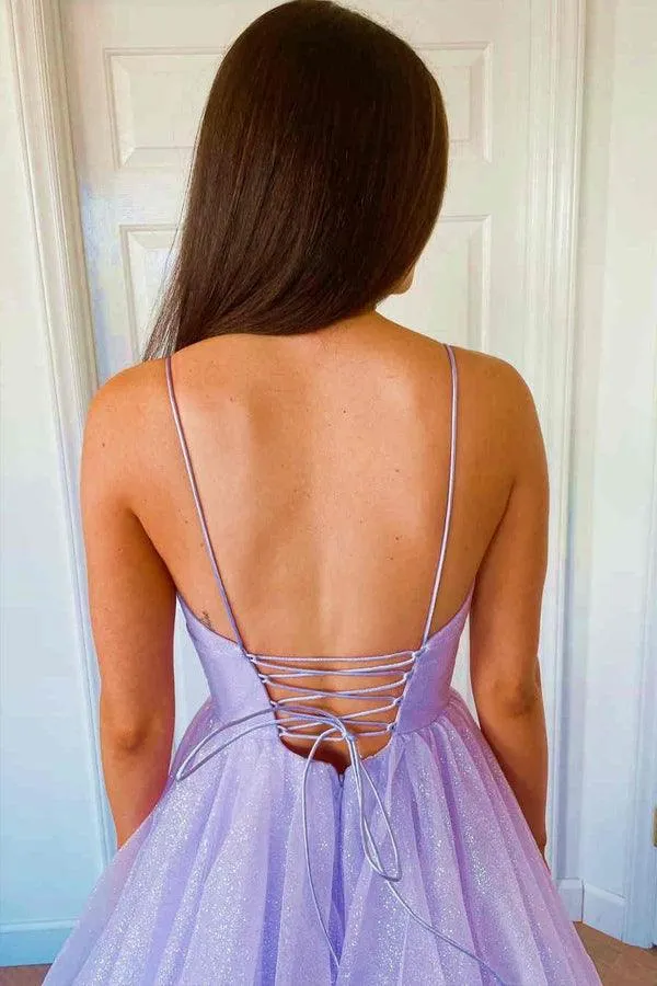 A-line V Neck Princess Lavender Tiered Tulle Prom Formal Dress TP1071