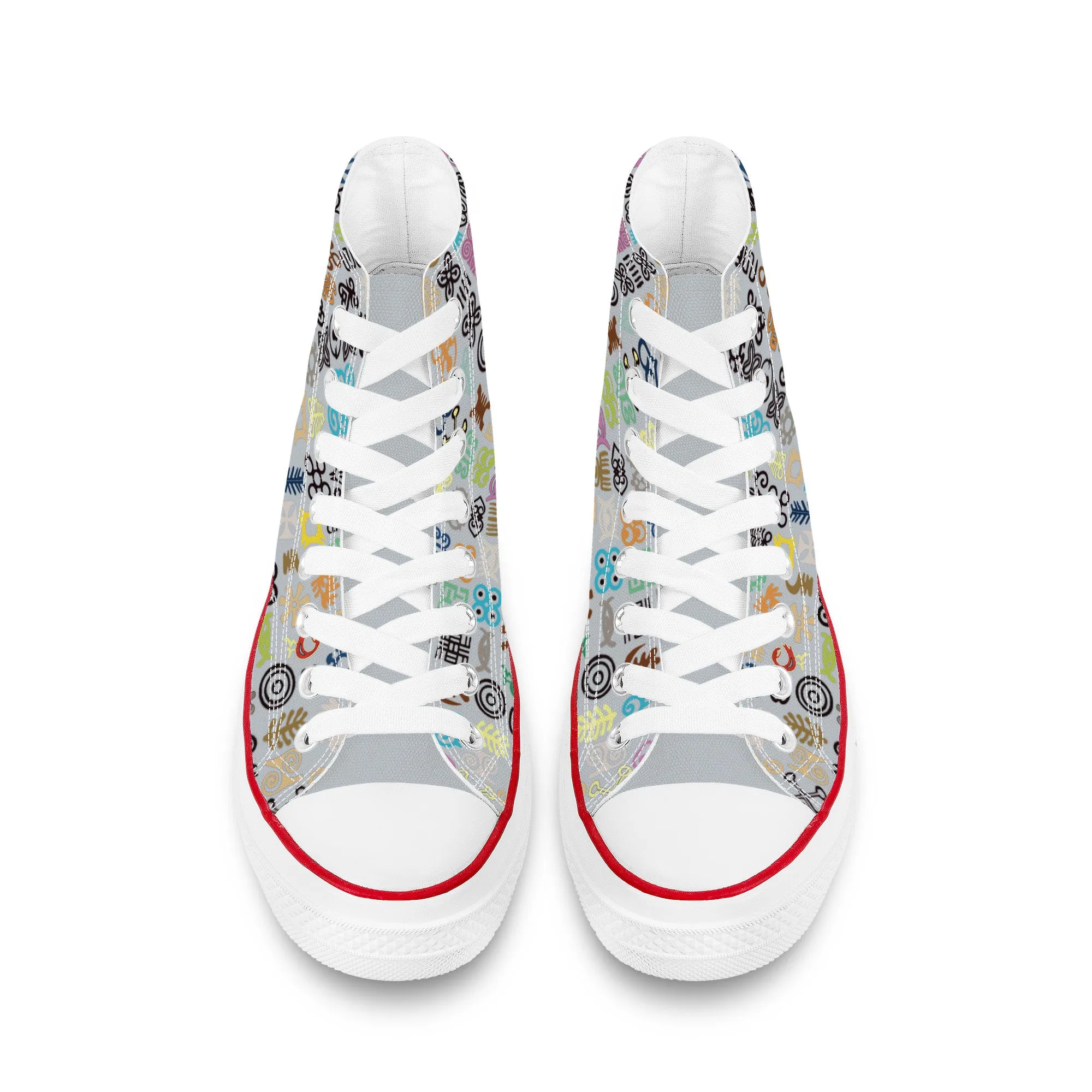 ADINKRA HIGH TOP CANVAS SHOES - SILVER GRAY SNEAKERS WITH MULTICOLOR PRINT