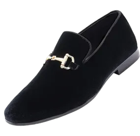 Black Men's Velvet Dress Loafer Slip-On with Gold Buckle Made By Royal Shoes