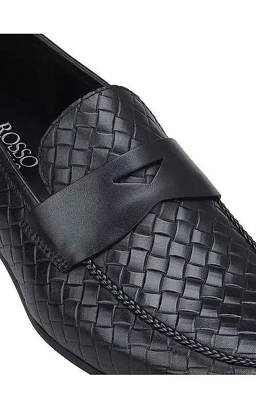 Black Woven Leather Loafers