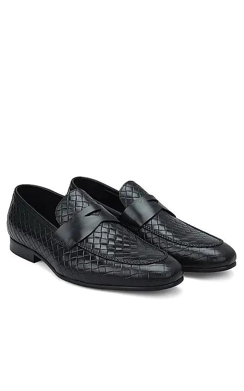 Black Woven Leather Loafers