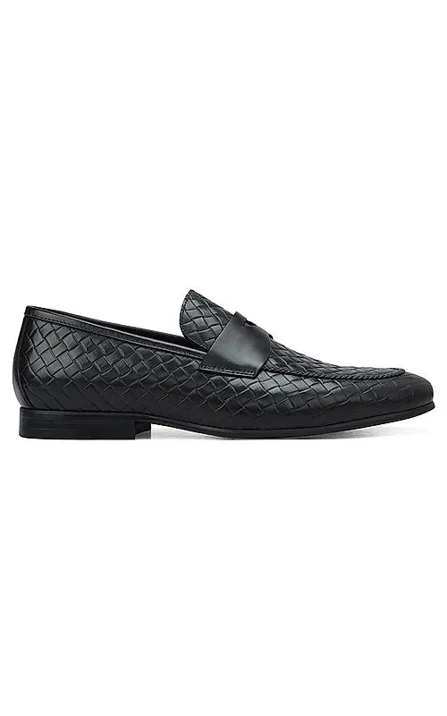 Black Woven Leather Loafers
