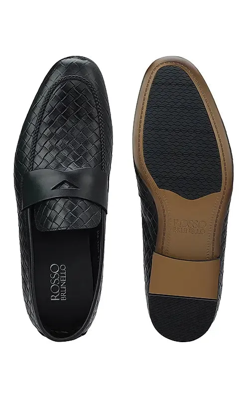 Black Woven Leather Loafers