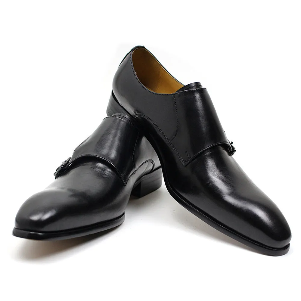 Brown Leather Buckle Men's Loafers Pointed Handmade Leather Shoes