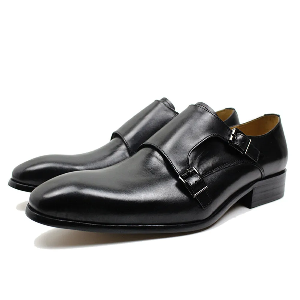 Brown Leather Buckle Men's Loafers Pointed Handmade Leather Shoes