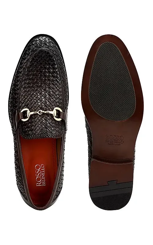 Brown Textured Leather Loafers With Buckle