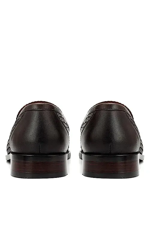 Brown Textured Leather Loafers With Buckle