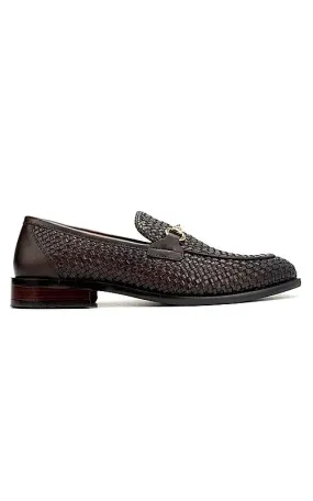 Brown Textured Leather Loafers With Buckle
