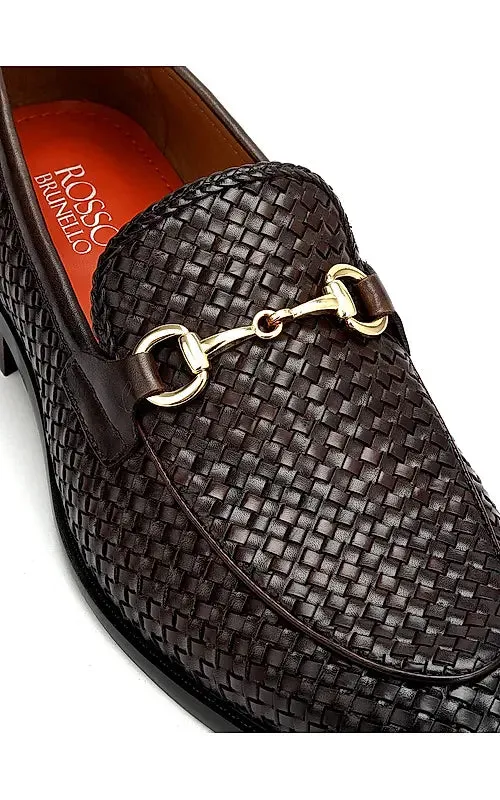 Brown Textured Leather Loafers With Buckle