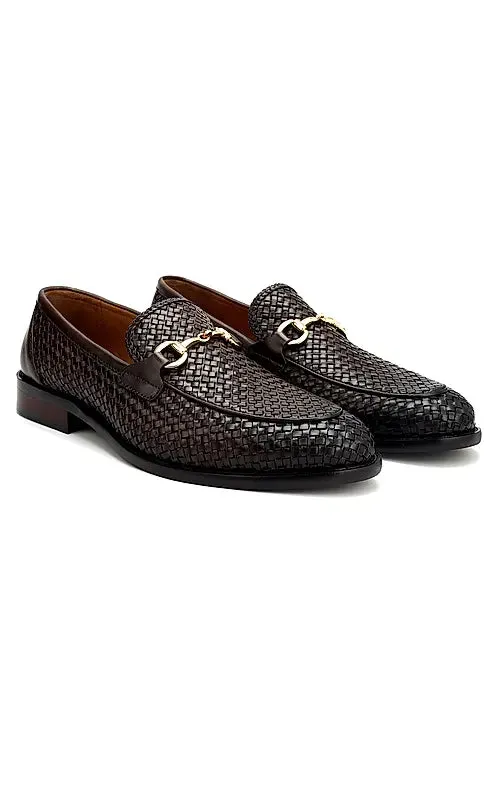 Brown Textured Leather Loafers With Buckle