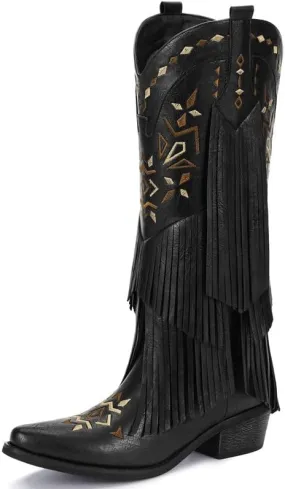 Cowboy Boots for Women - Fringe Knee High Cowgirl Boots with Classic Embroidery, Pointed Toe Pull on Retro Design, Perfect for Western Parties, Weddings and Events