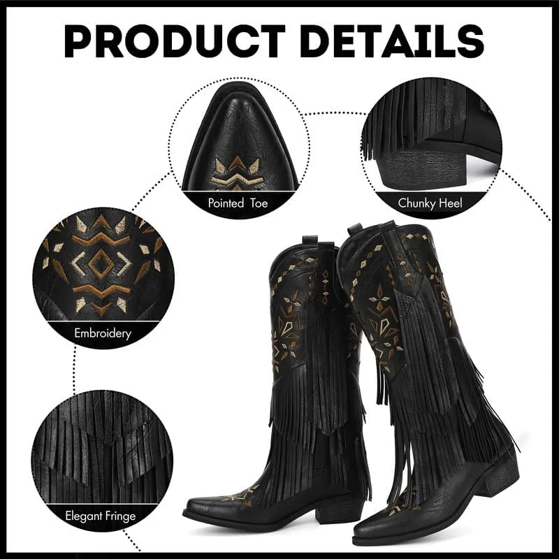Cowboy Boots for Women - Fringe Knee High Cowgirl Boots with Classic Embroidery, Pointed Toe Pull on Retro Design, Perfect for Western Parties, Weddings and Events