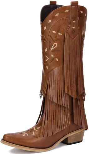 Cowboy Boots for Women - Fringe Knee High Cowgirl Boots with Classic Embroidery, Pointed Toe Pull on Retro Design, Perfect for Western Parties, Weddings and Events