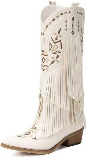 Cowboy Boots for Women - Fringe Knee High Cowgirl Boots with Classic Embroidery, Pointed Toe Pull on Retro Design, Perfect for Western Parties, Weddings and Events