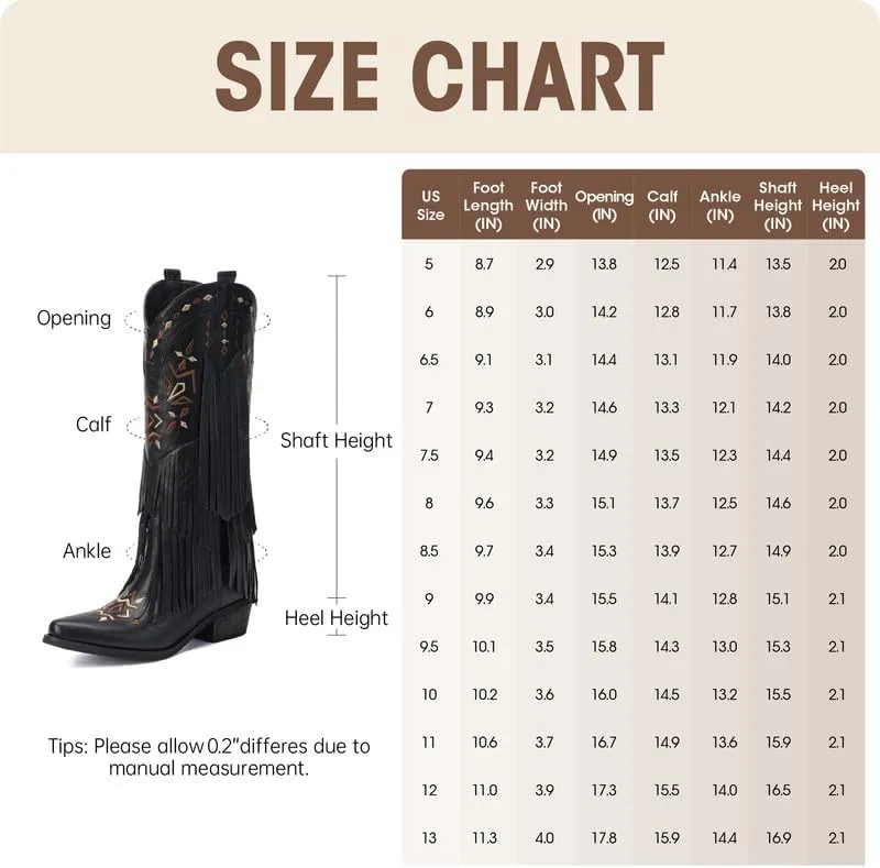 Cowboy Boots for Women - Fringe Knee High Cowgirl Boots with Classic Embroidery, Pointed Toe Pull on Retro Design, Perfect for Western Parties, Weddings and Events