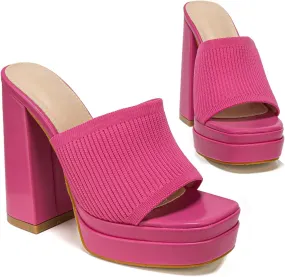 Elegant High Chunky Heel Mule Sandals for Women Chic Platform Summer Slip-Ons Block Heel Wedge Shoes with Knit Upper Fashionable Dressy Evening Party Shoes