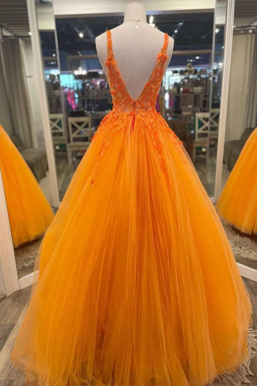 Gorgeous Orange V-Neck Floral Tulle Long Prom Dress PSK360