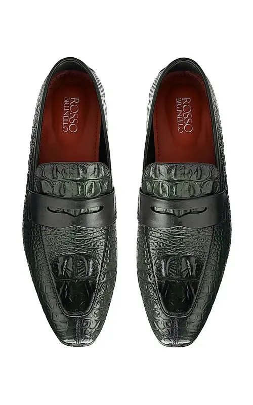 Green Croco Textured Loafers