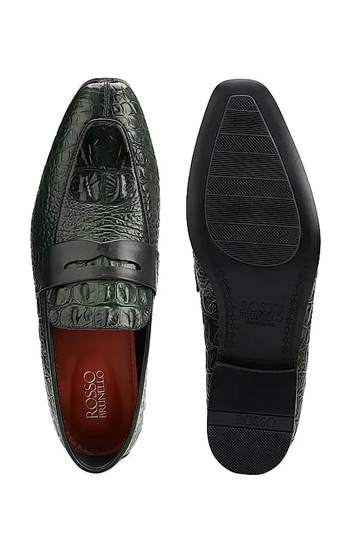 Green Croco Textured Loafers