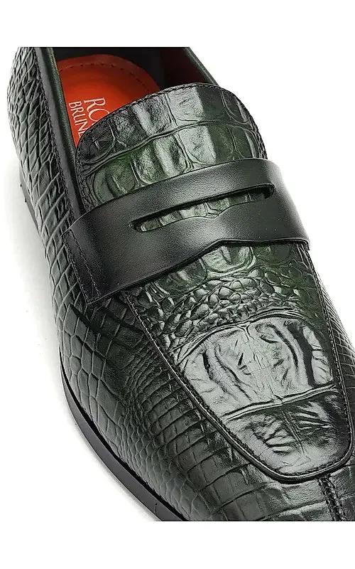 Green Croco Textured Loafers