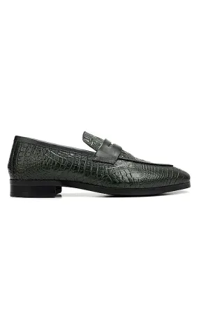 Green Croco Textured Loafers