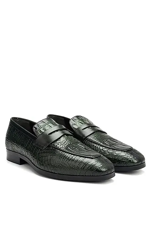 Green Croco Textured Loafers