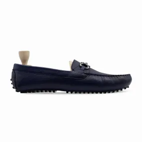 Handmade Custom Navy Blue Pebble Grain Leather Driver Mens Loafers