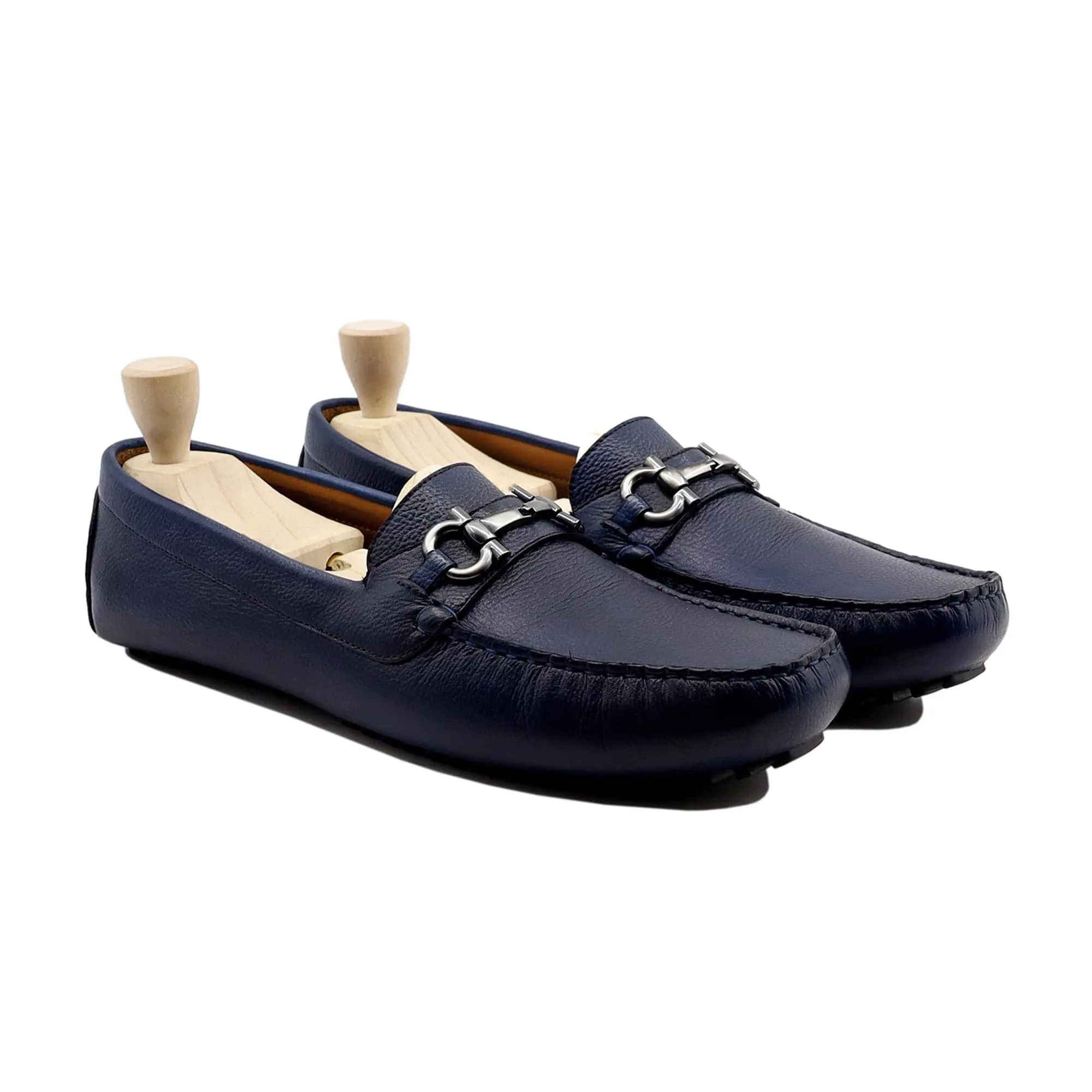 Handmade Custom Navy Blue Pebble Grain Leather Driver Mens Loafers