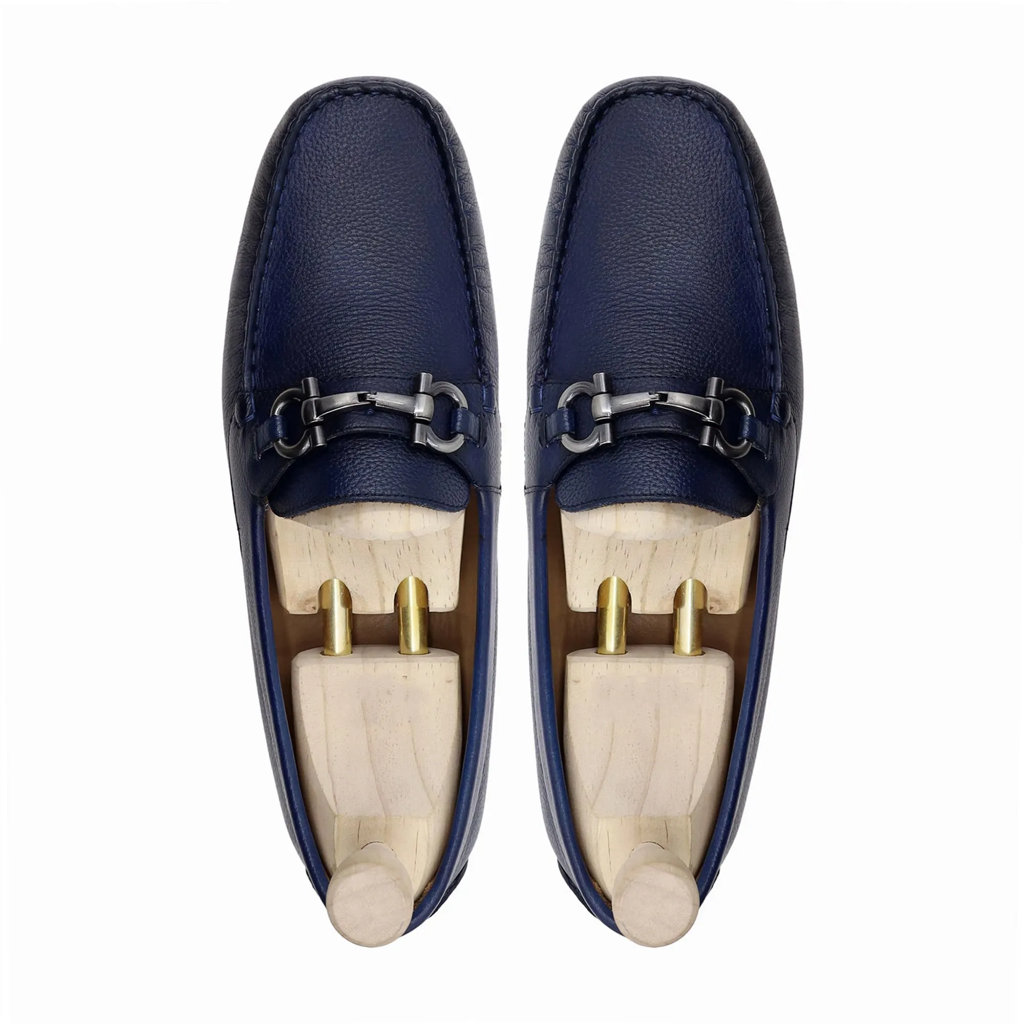 Handmade Custom Navy Blue Pebble Grain Leather Driver Mens Loafers