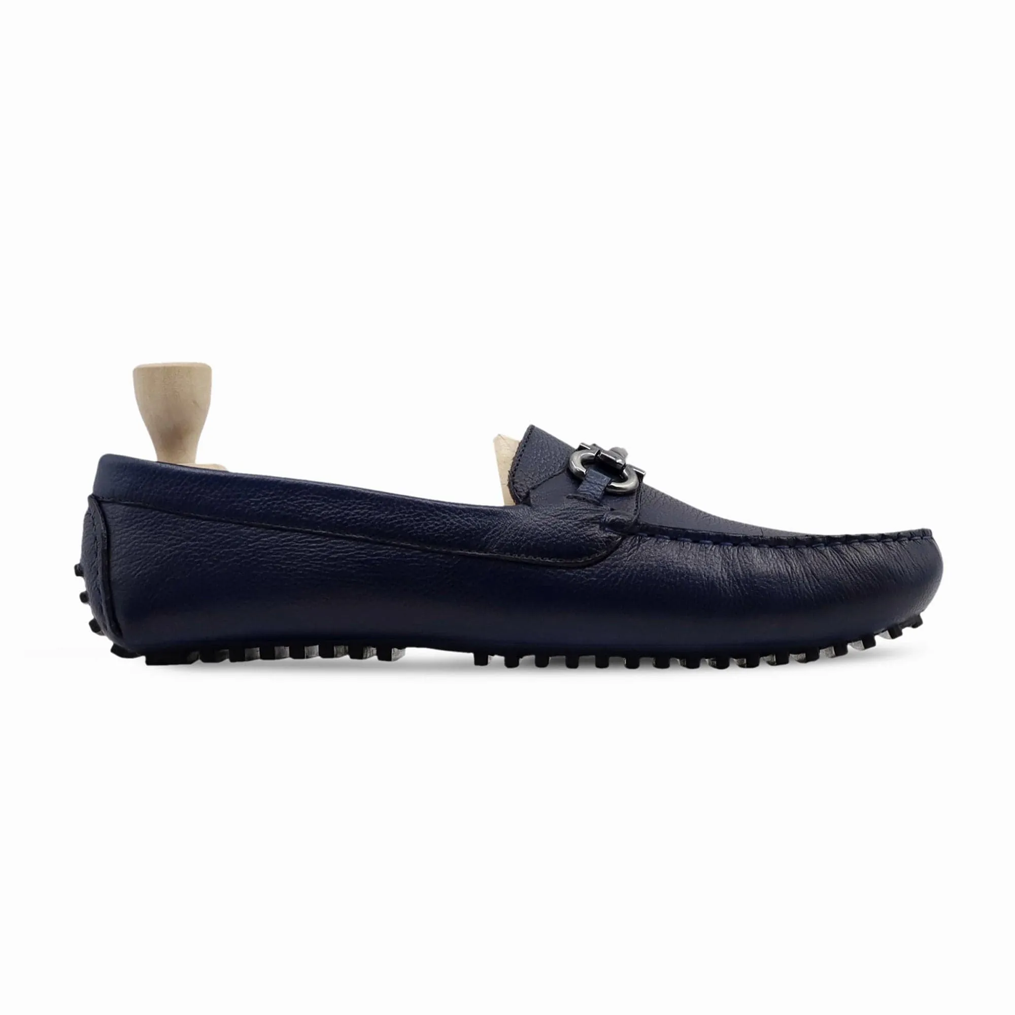 Handmade Custom Navy Blue Pebble Grain Leather Driver Mens Loafers