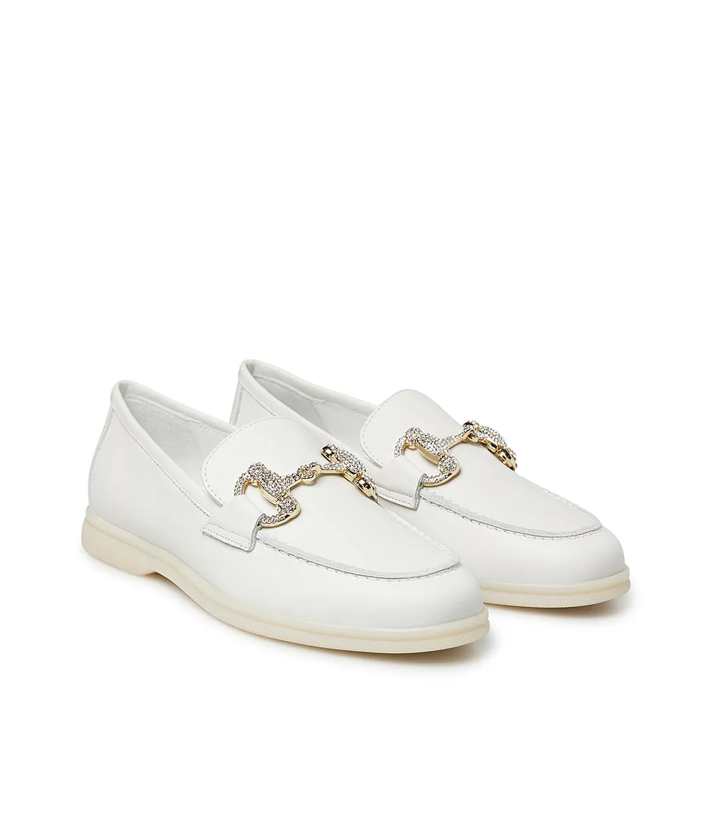 Jewel-buckle white leather loafers