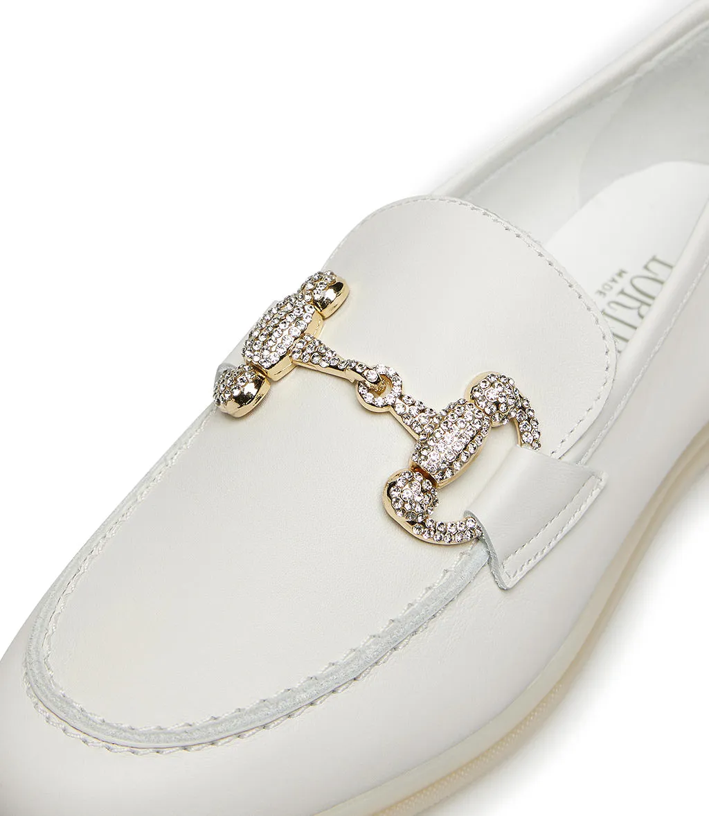 Jewel-buckle white leather loafers