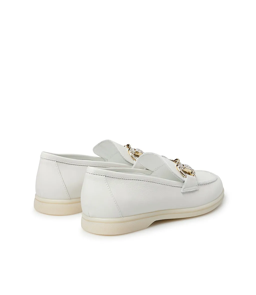 Jewel-buckle white leather loafers