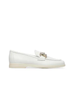 Jewel-buckle white leather loafers