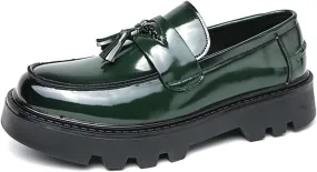 Men's Fashion Retro Patent Leather Slip-On Chunky Tassel Loafer Shoes Comfortable Round Toe Low Top Outdoor Walking Lug Sole Non-Slip Penny Loafers Business Dress Shoes for Men