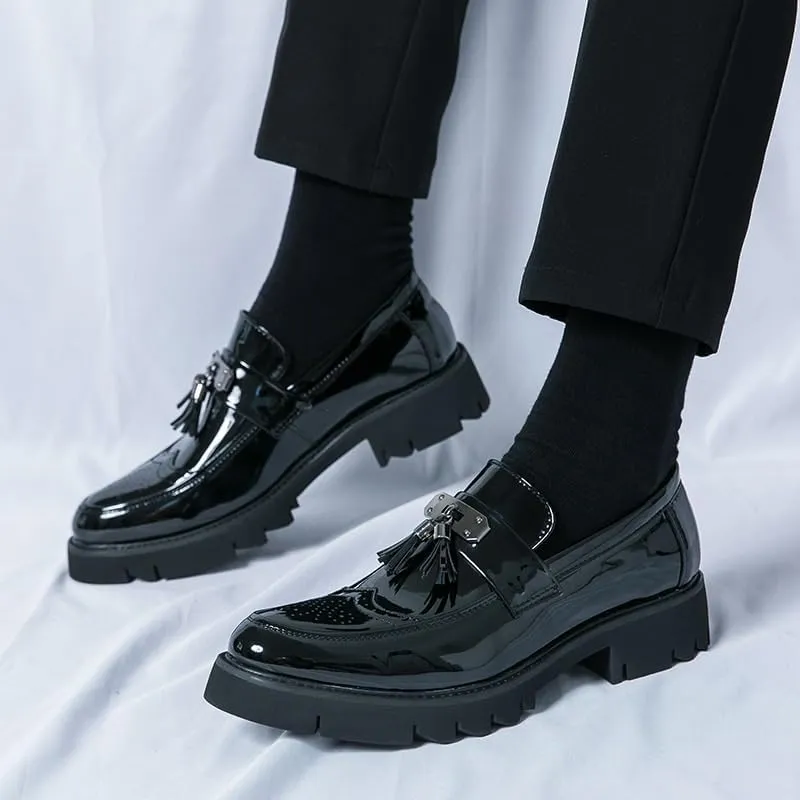 Men's Italian Platform Dress Shoes, Black Formal Oxford Shoes with Tassel, Luxury Wedding and Business Loafers for Men