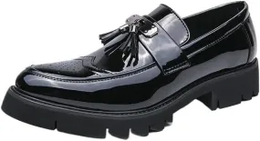 Men's Italian Platform Dress Shoes, Black Formal Oxford Shoes with Tassel, Luxury Wedding and Business Loafers for Men