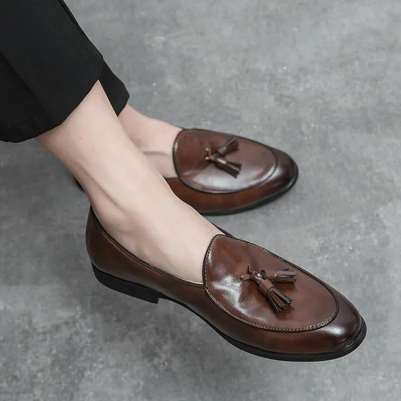 Men's Luxury Leather Loafers, Casual Slip-On Dress Shoes, Brogue Driving Shoes, Dark Brown Formal Shoes with Tassel for Men