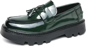 Men's Patent Leather Tassel Platform Slip-On Dress Loafers Non-Slip Round Toe Penny Shoes for Formal Business Work Wedding