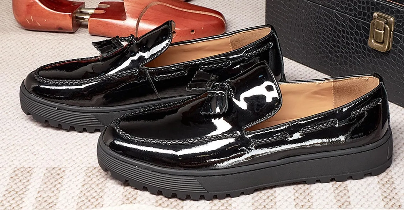 Mens Tassel Loafers Dress Casual Slip On Shoes Patent Leather Prom Suit Shoes Wedding Business Mocasines Fashion Penny Loafers Tuxedo Shoes for Men