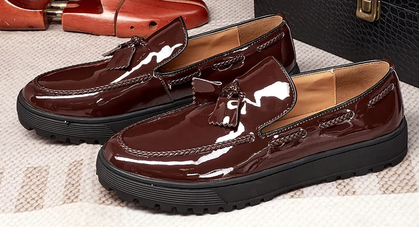 Mens Tassel Loafers Dress Casual Slip On Shoes Patent Leather Prom Suit Shoes Wedding Business Mocasines Fashion Penny Loafers Tuxedo Shoes for Men