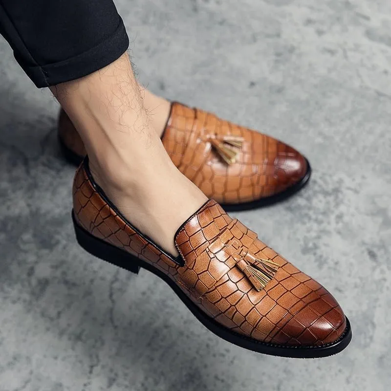 Men's Wedding Shoes, Luxury Brown Tassel Loafers, Slip-On Oxford Dress Shoes, Formal Business Shoes for Men with Grid Design