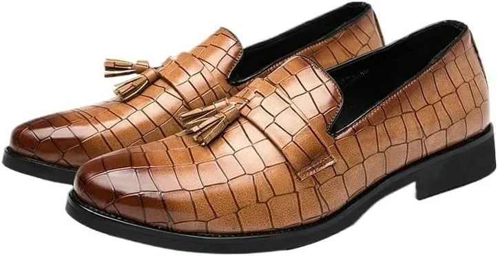 Men's Wedding Shoes, Luxury Brown Tassel Loafers, Slip-On Oxford Dress Shoes, Formal Business Shoes for Men with Grid Design