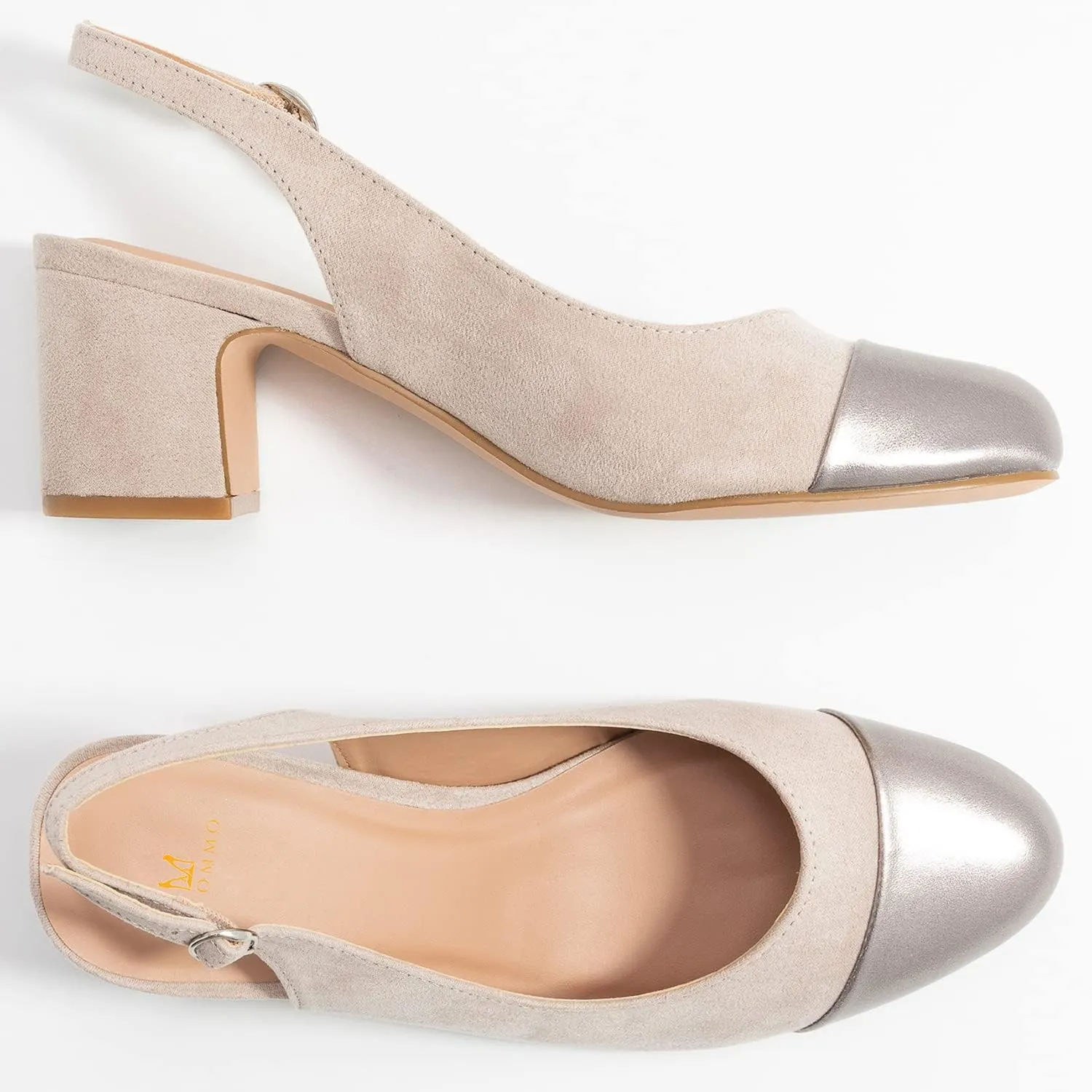 MOOMMO Women Chunky Heel Pumps Slingback Cap Toe Slip On Round Toe Dress Shoes Two Toned Patchwork 2 inch Low Heel Office Lady Formal Elegant Slide Sandals Close Toe 4-13 M US