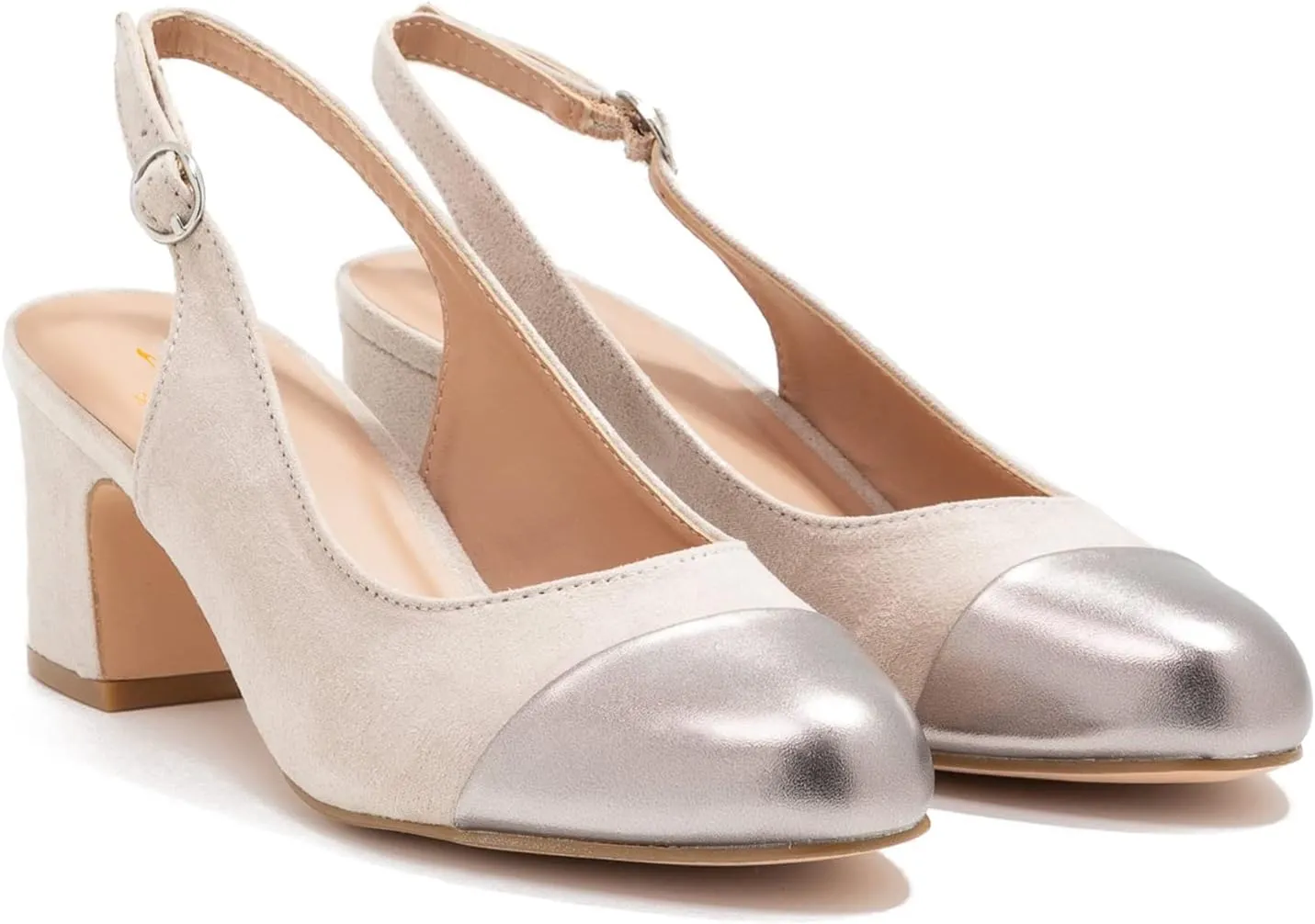 MOOMMO Women Chunky Heel Pumps Slingback Cap Toe Slip On Round Toe Dress Shoes Two Toned Patchwork 2 inch Low Heel Office Lady Formal Elegant Slide Sandals Close Toe 4-13 M US