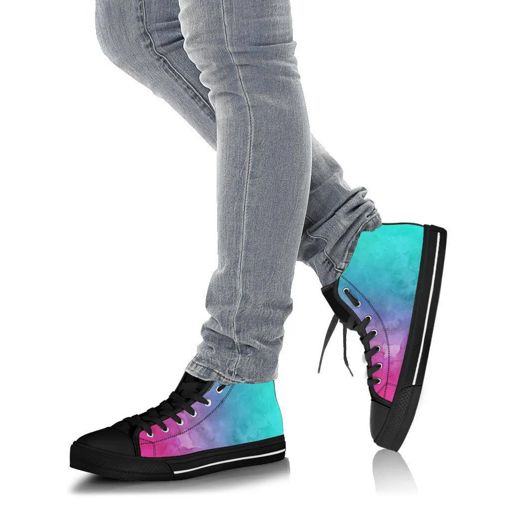 Pink Teal Water Colors Gradient High Top Sneakers Custom Shoes with Black Soles Custom shoes