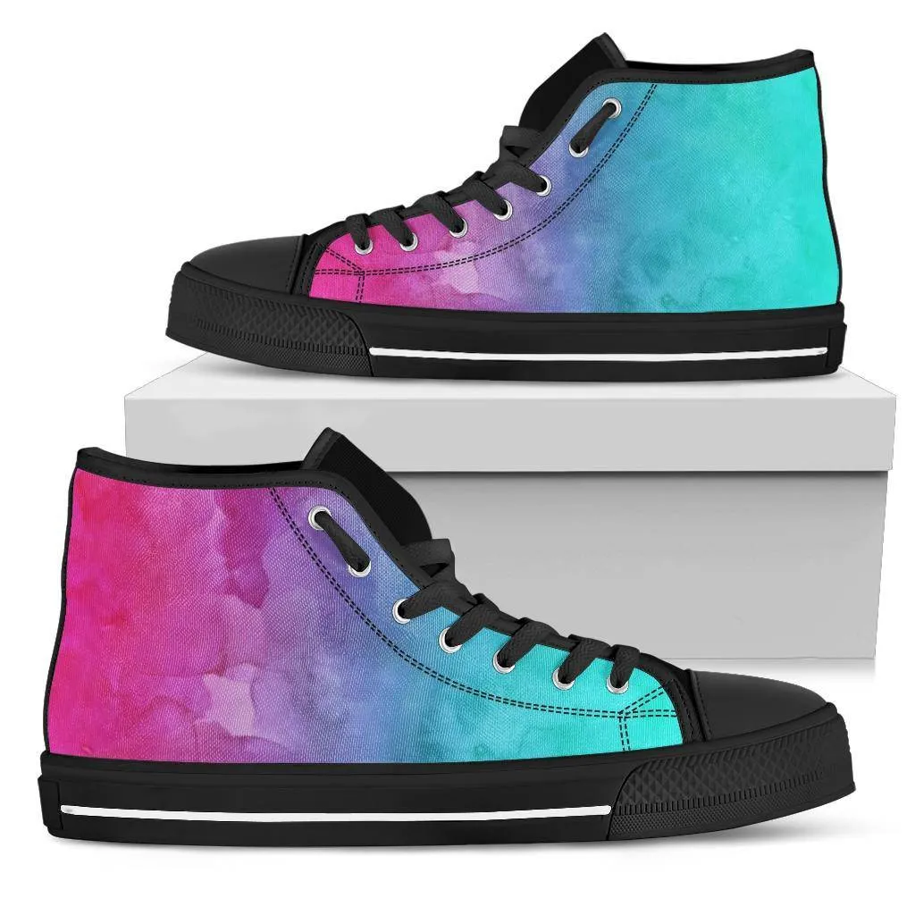 Pink Teal Water Colors Gradient High Top Sneakers Custom Shoes with Black Soles Custom shoes
