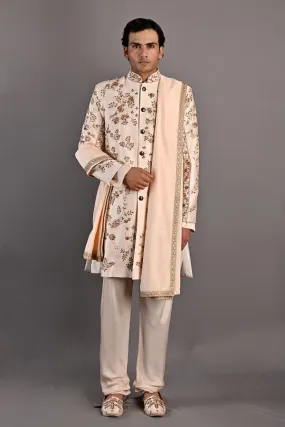 Rosen - Peach Hand Embroidered Sherwani Jacket set